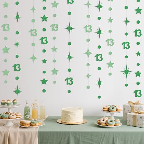 Image of Green 13th Birthday Decorations Number 13 Circle Dot Star Garland Glitter Streamer Banner Backdrop for Girls Boys Official Teenager Cheers to 13 Years Old Birthday 13th Anniversary Party Supplies