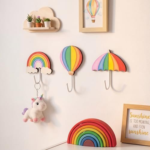 3 Pcs Rainbow Wall Hooks Hot Air Balloon Wall Hangers Pink Nurser...