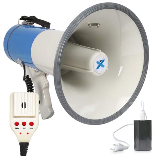 Vonyx MEG065 Akku Megafon mit Sirene und Mikrofon Aufnahmefunktion 65 Watt bis 1 KM MP3 USB SD AUX Megaphon mit Umhänge-Gurt blau-weiß