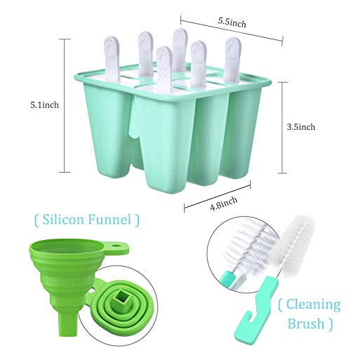 Popsicle Molds 6 Pieces Silicone Ice Pop Molds, BPA Free Popsicle Mold Reusable Easy Release Ice Pop Maker with Silicone Funnel and Cleaning Brush,Green - Thumbnail 6
