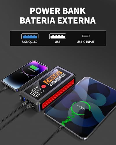 CARHEV Arrancador de Coche, 5000A Arrancador de Baterias de Coche (para 8.0L de Gasolina o 8.0L de Diésel) 12V Booster Jump Starter con Pantalla LCD, Linterna LED, Clips de Seguridad Inteligentes - imagen 5