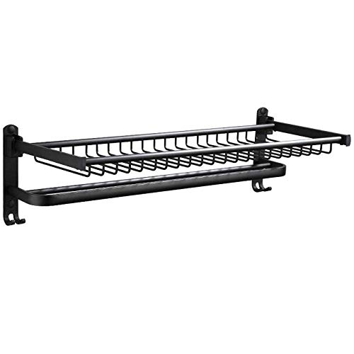 Porte-serviettes noir aluminium 40cm avec etagere et crochet pliable mural