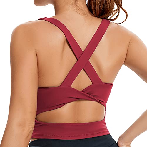 SJBYST Padded Longline Sports Bra Women Medium Support Criss-Cross Twist Tank Top Yoga Bra for Gym Runing Workout Activewear Red Large