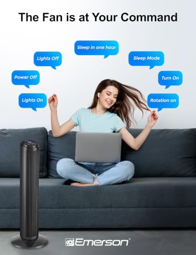 Image of Emerson SmartVoice 29 inch Tower Fan, Wi-Fi Free Voice Control, Smart Tower Fan for Bedroom, 70 Oscillating, 3 Wind Speeds, 15-Hr Timer, Sleep Mode & Remote Control