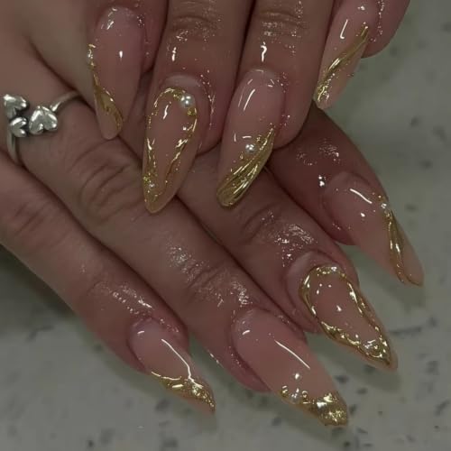 Image of Gold Press on Nails Almond Fake Nails 3D Golden Chrome Nails Press ons | Medium Fake Nails with Golden Line Design, Reusable Glossy Full Cover Stick on Nails for Women Manicure 24 Pcs