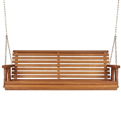 Image of Amish Casual Heavy Duty 700 Lb Capacity Porch Swing (5 Foot, Cedar Stain) - Wooden Outdoor Roll Back Swing with Hanging Chains - Amish Made in the USA