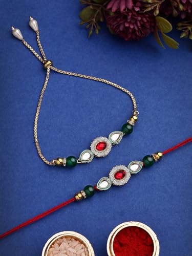 Image of Sukkhi Rakhi Most Beautiful Floral with Gold Plated Rakshabandhan Combo Lumba Rakhi for Bhiaya Bhabhi Brother with Roli Chawal & Greeting Card|Set of 2