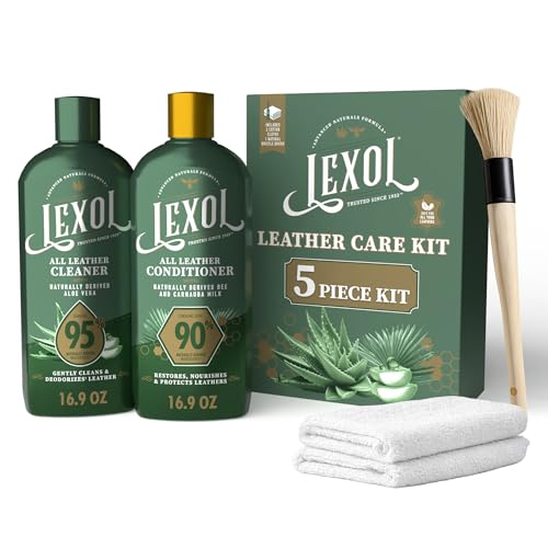 Lexol All Leather Care Kit - 5-Piece Natural Leather Cleaner & Conditioner with Aloe Vera Bee Milk Cloths & Brush for Car Seats Furniture Jackets Bags & Boots Gift for leather lovers