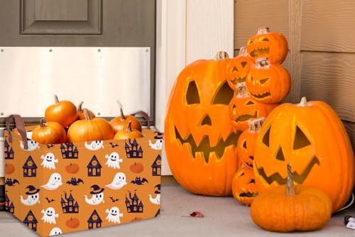 Image of Essme Rectangular Halloween Basket,Kids Baskets Empty with Handles,Cute Baskets for Kids Halloweens Room Decor,Boys and Girls, Candy Basket(Yellow Castle Ghost)