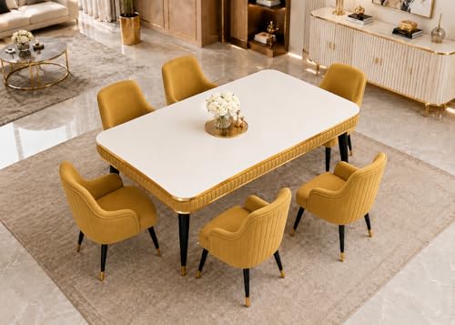 Image of WOODEN SPACE 6-Seater Wooden Dining Table Set | Nano Composite Marble Top | Solid Wood Base | Modern Dining Room Furniture with 6 Chairs (Yellow Modern Zyro)