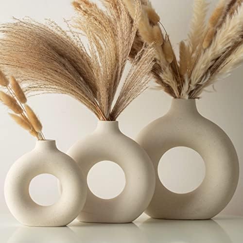 White Vases for Decor Set of 3 - Boho Vases for Pampas Grass, Ceramic Vase Set, Coffee Table Decor Set, Table Centerpieces for Dining Room, Donut Vases