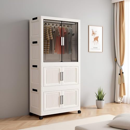 Image of Sunderlook Plastic Wardrobe for Kids Clothes - Standing Desk Premium Comfort Foldable Collapsible Wardrobes for Clothes, Large Plastic Cupboard for Kids, Men and Women (White, 3 Door)
