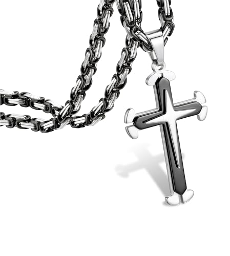 sailimue Byzantine Cross Necklace for Men Stainless Steel Byzantine Chain Cross Pendant Necklace 22 Inch Black 14K Gold Plated Durable Hypoallergenic Mens Jewelry Religious Faith Gift