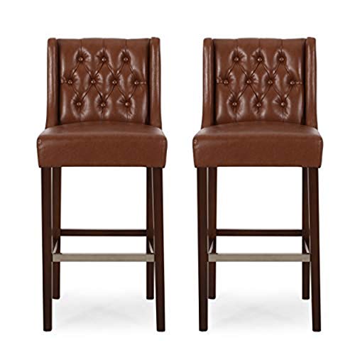 Christopher Knight Home Spencer Taburetes de Bar Contemporáneos con Respaldo Alto (Set de 2), Marrón Cognac y Espresso, Cuero Sintético miniatura 1