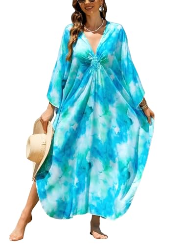 Image of IMAGEKOPE Women's Plus Size Animal Print V-Neck Batwing Kaftan Beach Dress Bathing Suit Cover-Up Loungewear