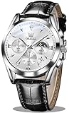 OLEVS Watches for Men Black Leather White Dial Mens Wrist Watch Analog Quartz Classic Dress Sport Mens Watches Date Moon Phase Waterproof Silver Chronograph Man Watch Relojes para Hombres