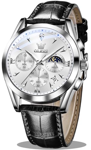 OLEVS Watches for Men Black Leather White Dial Mens Wrist Watch Analog Quartz Classic Dress Sport Mens Watches Date Moon Phase Waterproof Silver Chronograph Man Watch Relojes para Hombres