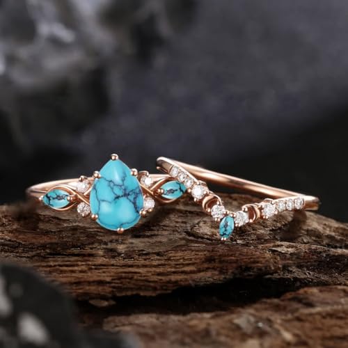 Turquoise Engagement Ring for Women 1CT Unique Pear Cut S925/10K/14K/18K Marquise Cut Turquoise Unique Curved Moissanite Wedding Promise Rings For Women Gift For Her Size3-132