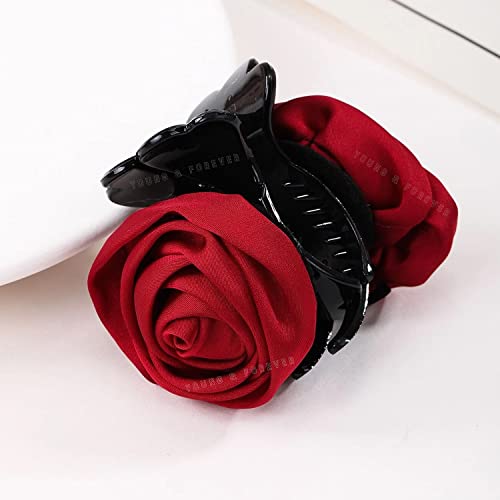 Image of Young & Forever Red Rose Fabric Flower Hair Claw Clip for Women & Girls | Large Glossy Black Acrylic Hair Catch Clutch for Thick & Long Hair | Elegant Floral Hair Accessory for Weddings, Parties & Everyday Wear