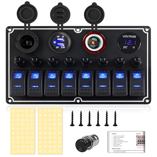 Marine Switch Panel Waterproof,8 Gang Boat Rocker Switch Panel,Multi-Function Toggle Light Switch Panel with Dual USB and Voltmeter Panel for RVs, Cars, Boats, Trucks,Trailers - 12-24V