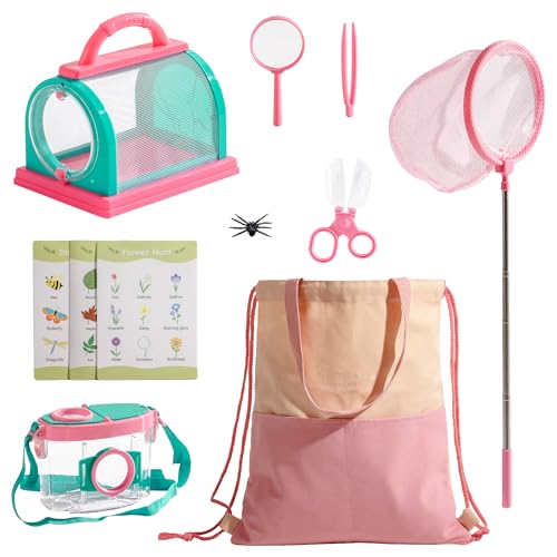 ROBOTIME Kids Explorer Kit & Bug Catcher Kit for Kids, 10PCS Outdoor Bug Catching Kit with Magnifying Glass & Net, Adventure Set for Backyard & Camping, Fun Gift for Girls 3-12 (Pink)