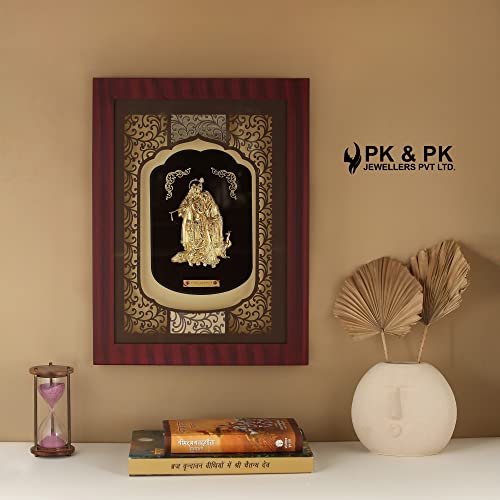 Image of Pk & Pk Jewellers Lord Radha Krishna with Peacock Oblong Photo Frame | 24KT Pure Gold | Elite Collection | Medium-Large Size (For Premium Gift, Temple, Home Decor, Wall Decoration)