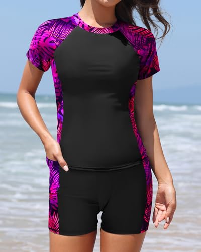 Image of Daci Short Sleeve Rash Guard 2 Piece Swimsuits with Bord Shorts | Sun Protection,Two Pockets,Clolor Block,High Waisted Short,High Neck,Quick Dry