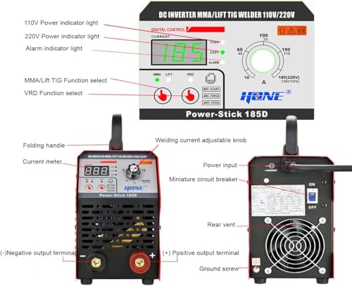 HONE ARC Welder, Actual 185Amp 110V/220V Stick Welder with Lift Tig Function, Digital IGBT Inverter Welding Machine with Hot Start Arc Force Anti-Stick VRD, High Duty Cycle for 1/16"-5/32" Welding Rod