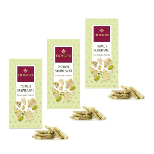 Domori® | Chocolate blanco y pistachos sicilianos tostados y salados | Barrita Migas de Chocolate Blanco y Pistacho - 3 x 75 Gr