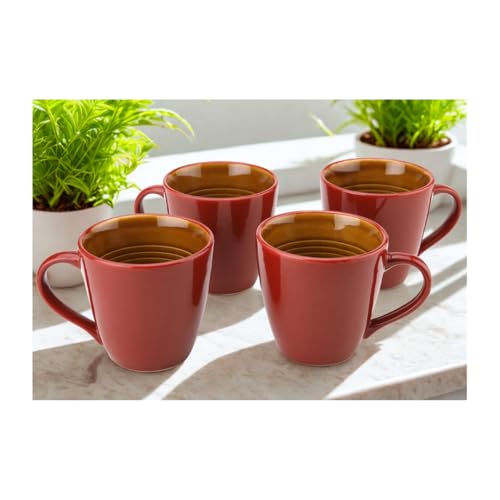 Image of Bodhi House Handcrafted Ceramic Coffee Mug Set of 4 Pieces (350 Ml), Stoneware Tea Cup, Microwave Safe Large Milk Mug, Glossy Finish, Ideal for Daily use, Casual Gatherings and Gifting, Burgundy