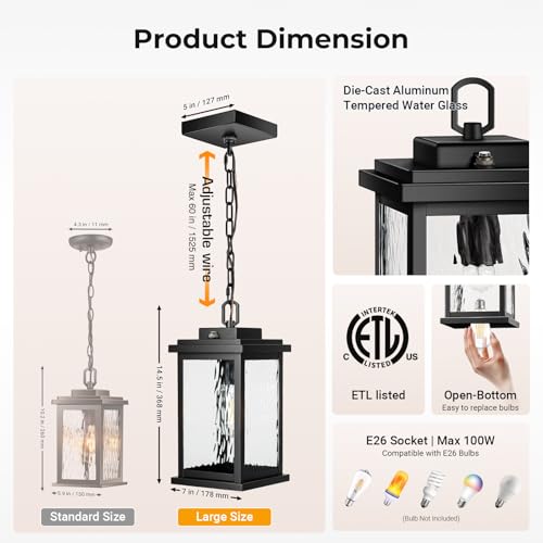 Image of Gleamz Large Outdoor Pendant Lights, Black with Dusk to Dawn Sensor | Outdoor Pendant Lights for Porch, Aluminum Waterproof Exterior Hanging Lighting Fixtures for Balcony, E26 Socket, No-Solar