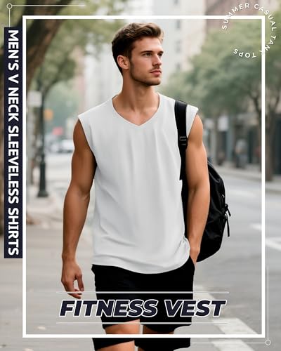 3 Pack Mens V Neck Tank Tops 95% Cotton Sleeveless Big and Tall Muscle Cut Off Shirts Gym Workout Tee3