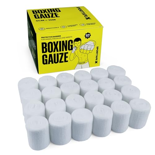 SPORTTAPE Boxing Gauze - 24 Rolls - 5cm x 10m | Non-Stretch Boxing Hand Wrap | Hand & Wrist Tape, Knuckle Padding Bandage for Kickboxing, Muay Thai | Individually Wrapped Conforming Bandage
