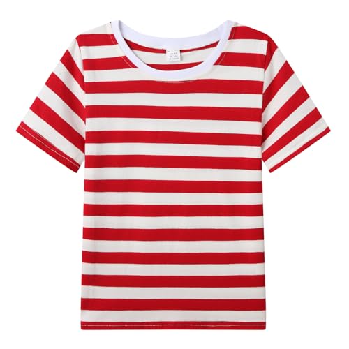 WinZero Kids Striped T-Shirt Soft Cotton Short Sleeve Round Neck Tshirt Boys Girls Stripe Tee Top for Children 10-11 Years Red-White