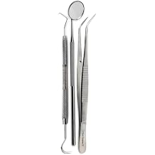 Complete Dental Care Kit 3 Pcs Set Includes Dual Sided Explorer Tartar Scraper, Inspection Mouth Mirror & Cotton Tweezers for At-Home Oral Care & Healthier Gums, Stainless Steel