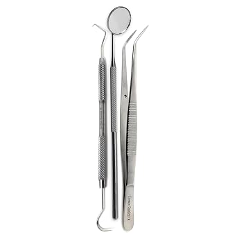 Complete Dental Care Kit 3 Pcs Set Includes Dual Sided Explorer Tartar Scraper, Inspection Mouth Mirror & Cotton Tweezers for At-Home Oral Care & Healthier Gums, Stainless Steel
