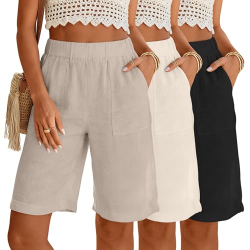 JoyMotion 3 Pack Women's Linen Shorts Bermuda Knee Length High