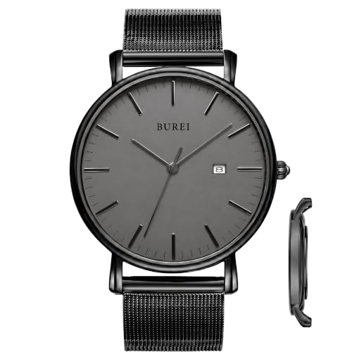 Image of BUREI Ultra Thin Minimalist Modern Mens Watch Classy Date Gents Watch with Classic Simple Design of Big Face Soft Band (All Black)
