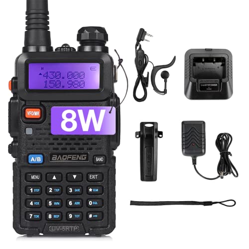 Baofeng UV-5R 8W Dual Band Two Way Radio, UV-5RTP Ham Radio Handheld with Earpiece, 1800mAh Battery, Desktop Charger, 128CH, Support VOX, Chirp Programming, Black