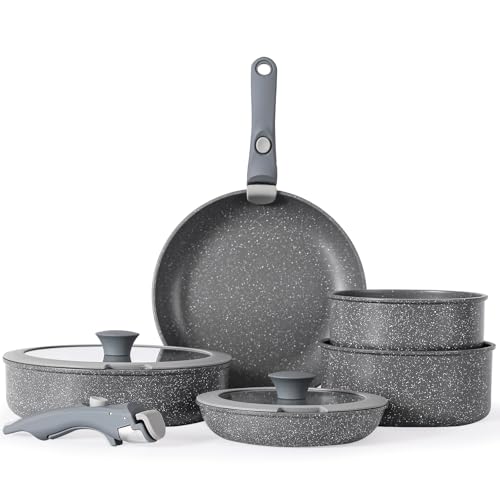 Florosa Ceramic Pots and Pans Set Non Stick with Removable Handle Detachable Handle Pots Pans, 9pcs Nonstick Cookware Set Non Toxic PFAS/PTFE Free Grey