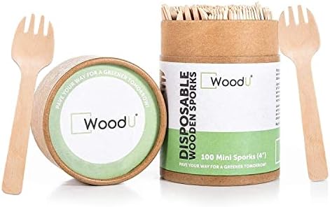 WoodU Wooden Disposable Mini Sporks 4" Biodegradable Compostable Eco Friendly -Perfect for Dessert, Appetizers, Cocktails- Kids Disposable Utensils (100 Pack)