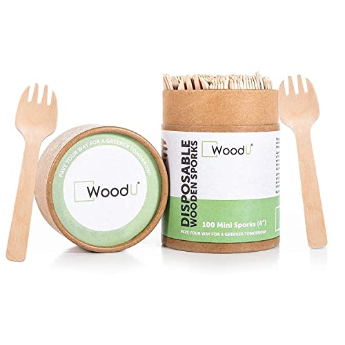 Woodu Wooden Disposable Mini Sporks 4" Biodegradable Compostable Eco Friendly -Perfect For Dessert, Appetizers, Cocktails- Kids Disposable Utensils (100 Pack) #TOP11