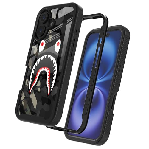 GUGU6JI Street Fashion Cool Camo Green Grey Shark Design Compatible with iPhone 16 Case for Boys Man Luxury Shockproof Rugged Cover Dual Layer Soft TPU + Hard PC Bumper Full-Body Protective Case by GUGU6JI - Used condition - US$11.23