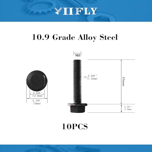 Image of M8 x 45mm Flanged Hex Head Bolts Flange Hexagon Screws, M8x1.25 Bolt, 10.9 Grade Alloy Steel, Hexagon Head Bolts, Black Zinc Finish, Full Thread, Quantity 10