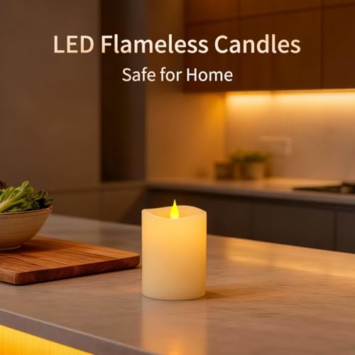 Image of 3x4 Flickering Flameless Candles Set of 3,4 inch Real Wax LED 600 Hours Battery Candles with Timer Remote,Control for Wedding Party Indoor,Ivory