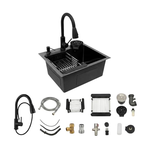 LENJKYYO Évier Cuisine 1 Bac Inox Noir Évier Multifonction Robinet Extractible Douchette Évier...