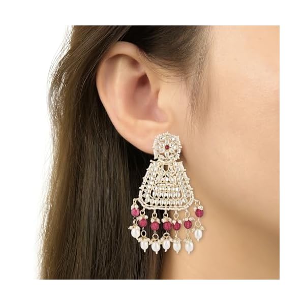 I Jewels Gold Plated Traditional Kundan & Pearl Drop Dangle Earrings For Women - Image 3