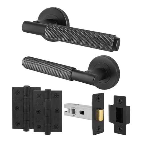 Image of EAI Black Door Handle Latch Set | Round Knurled Door Handles, Latch (66mm), Hinges (76mm) | Matt Black Lever On Rose | Dolton Range
