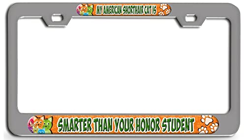 Makoroni - My American Shorthair CAT is Smarter Than Your Honor Student Ch 3D Metal License Plate Frame Auto SUV Truck Tag Holder, #c6