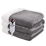 Heated Blanket Electric Throw Size 50''x60'' with 9 Heating Levels, 1-10 Hour Auto Shut Off, Machine Washable, Flannel & Sherpa Double-Sided Soft Warming Blanket for Couch, Bed, Office - Light Grey